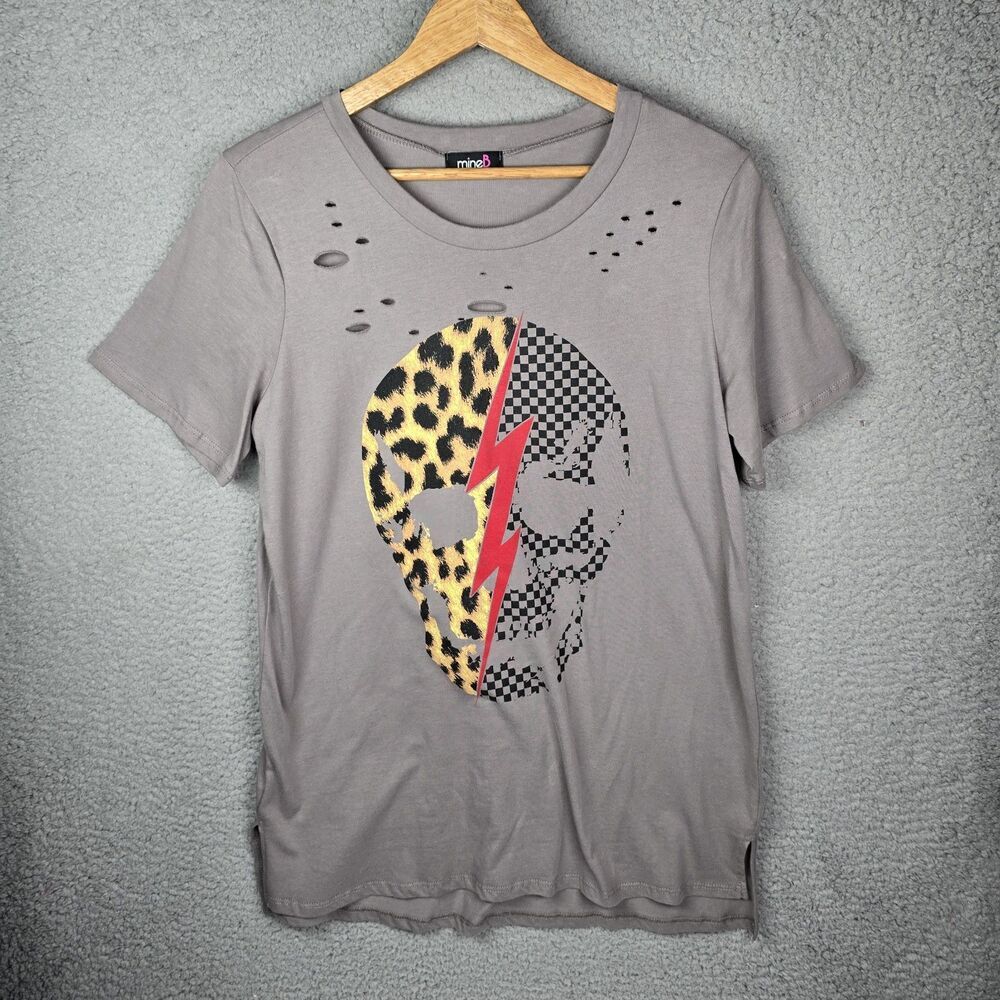 mineB Distressed Skull Leopard Lightning T-Shirt Gray Graphic Artsy Grunge Large